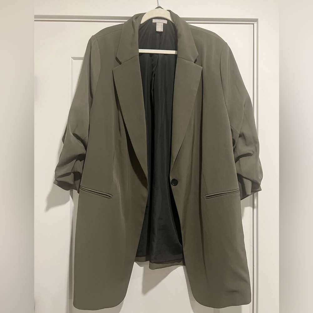 H&M Olive Green Long Line Blazer with 3/4 Ruched Sleeve XXL